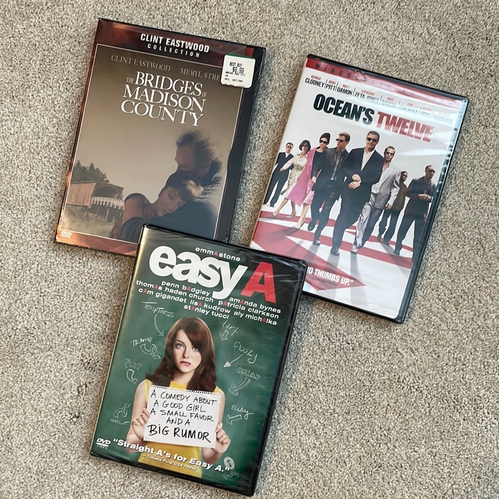 Oceans Twelve, Easy A and Bridges of Madison County DVD movies.